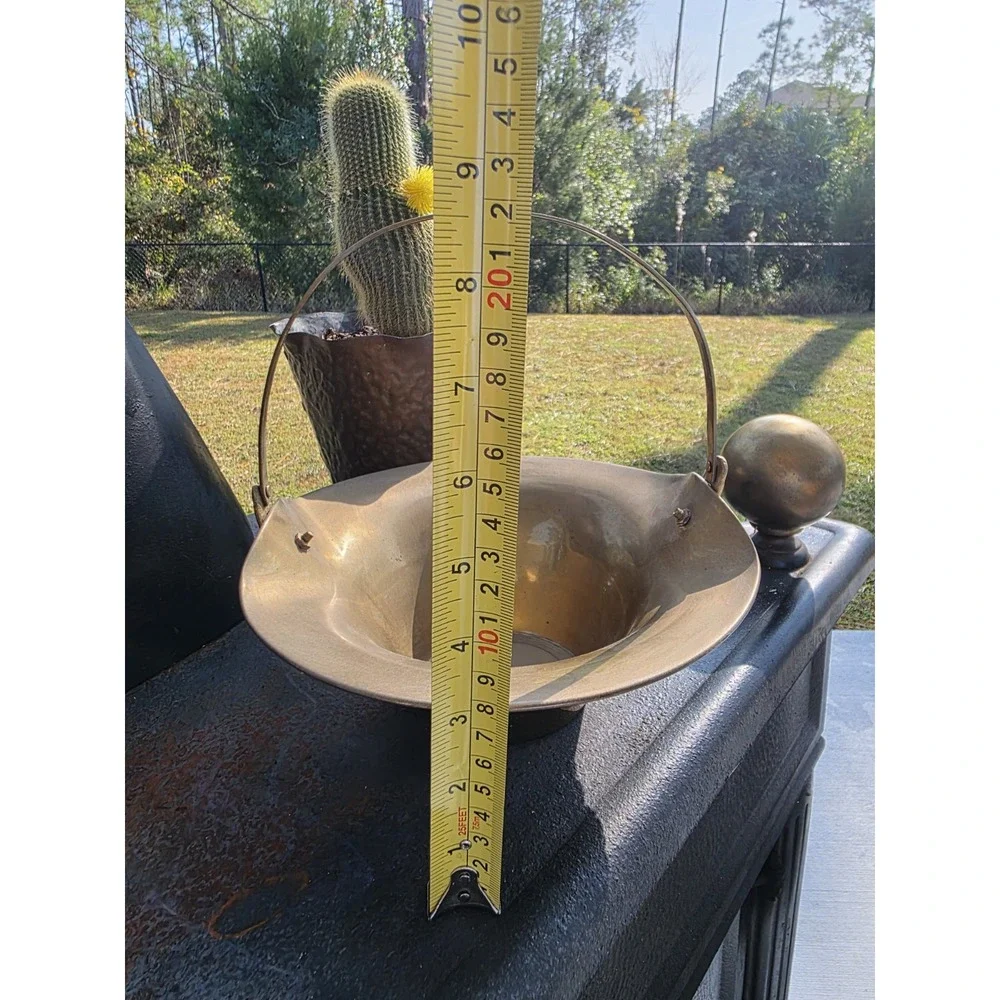 Vintage Brass‎ Flared Basket Bowl w/ Swing Handle & Grapes Mid Century Decor